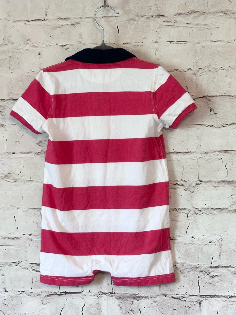 Ralph Lauren Red & White Striped Polo Romper with Navy Collar